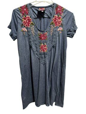 Johnny Was Embroidered Floral French Blue Tee-Shirt Tunic Dress Sz M Boho V-Neck